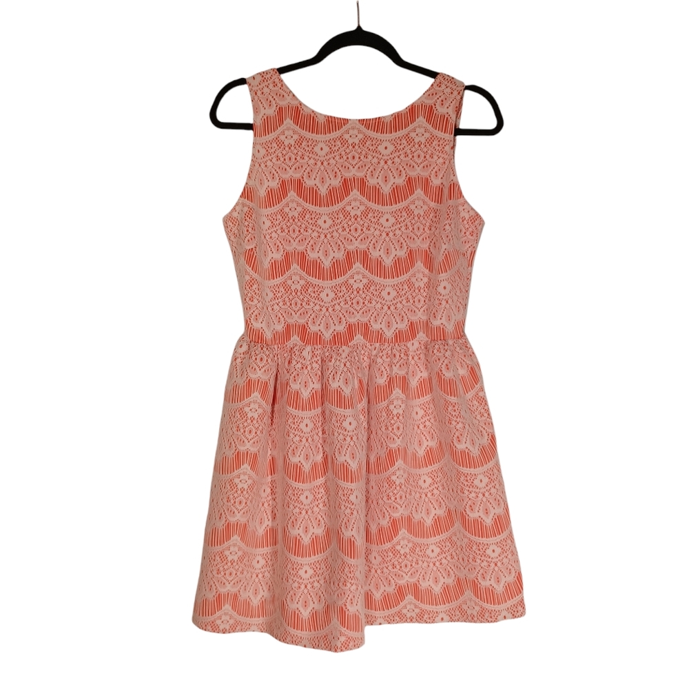 LOVE...ADY Coral Orange White Lace Sleeveless Fit & Flare Dress Large